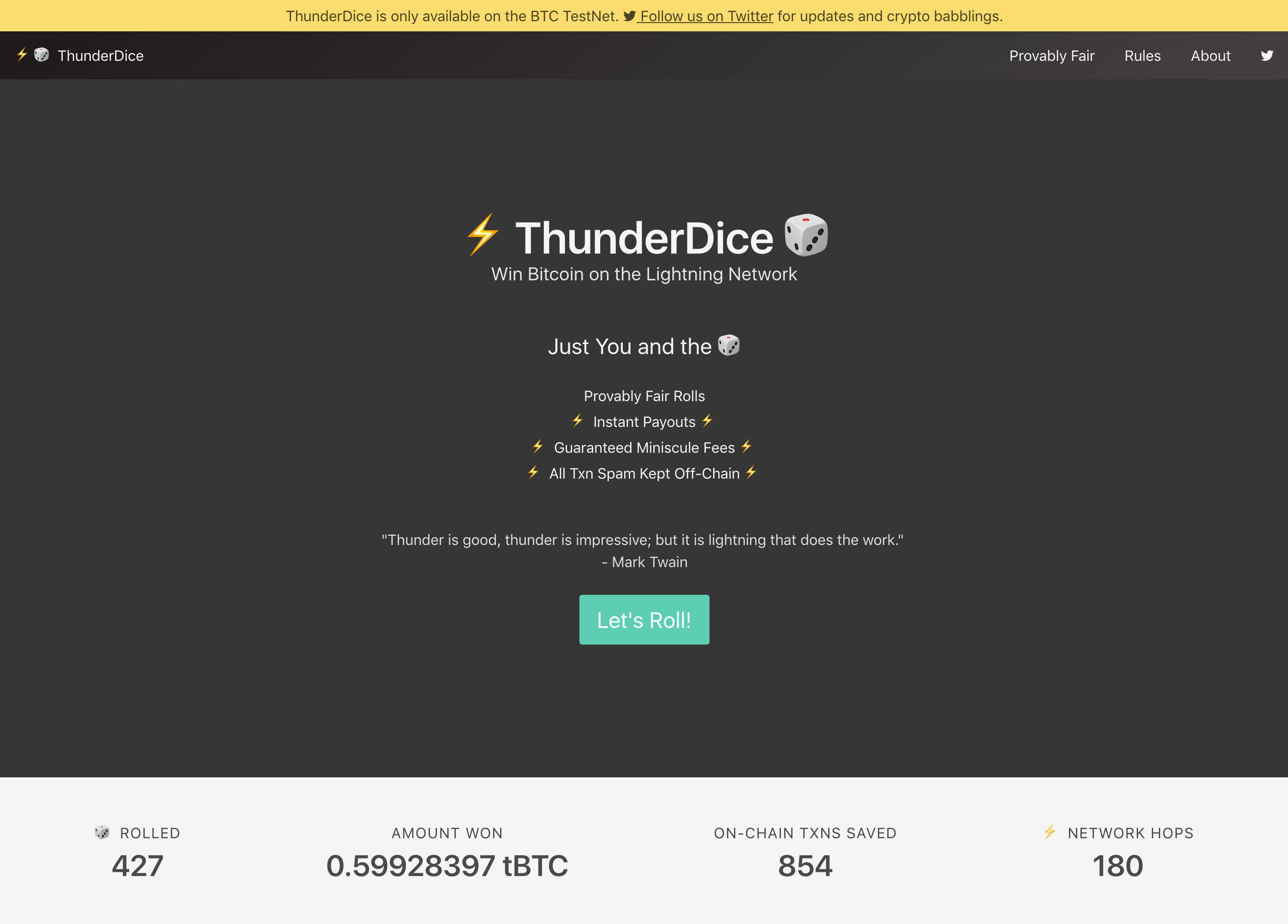 Screenshot of Thunder Dice Homepage
